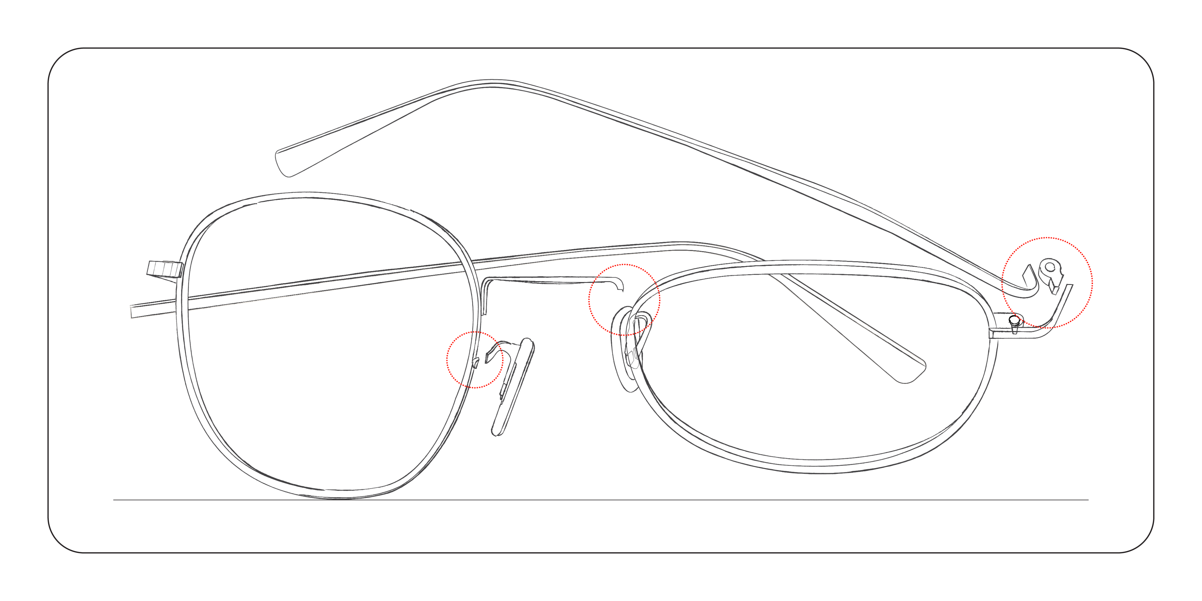 Frame breakage points at the bridge, nose pad mount, and hinge